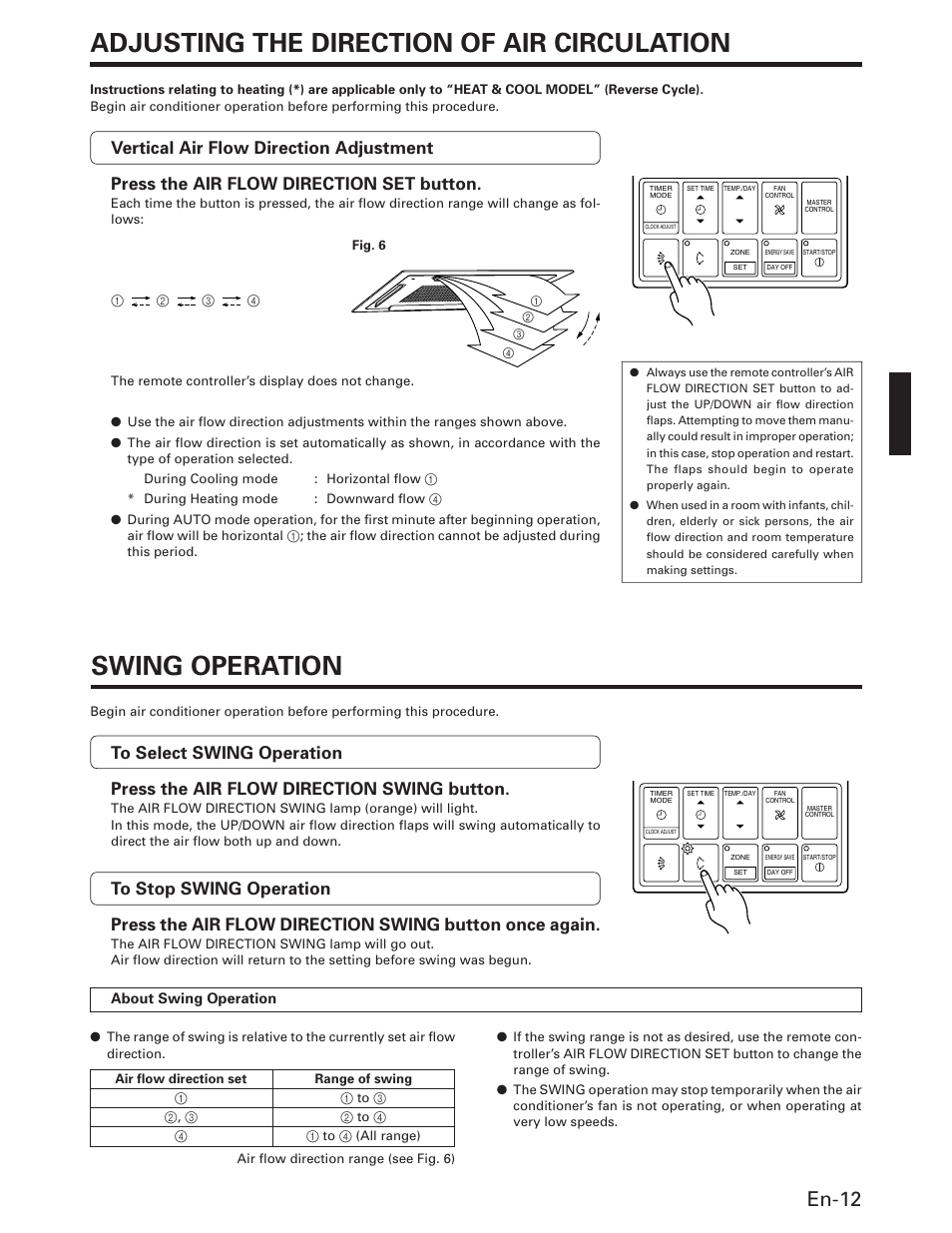 Adjusting the direction of air circulation, Swing operation, En-12 | FUJITSU AOU36RC User Manual | Page 13 / 19