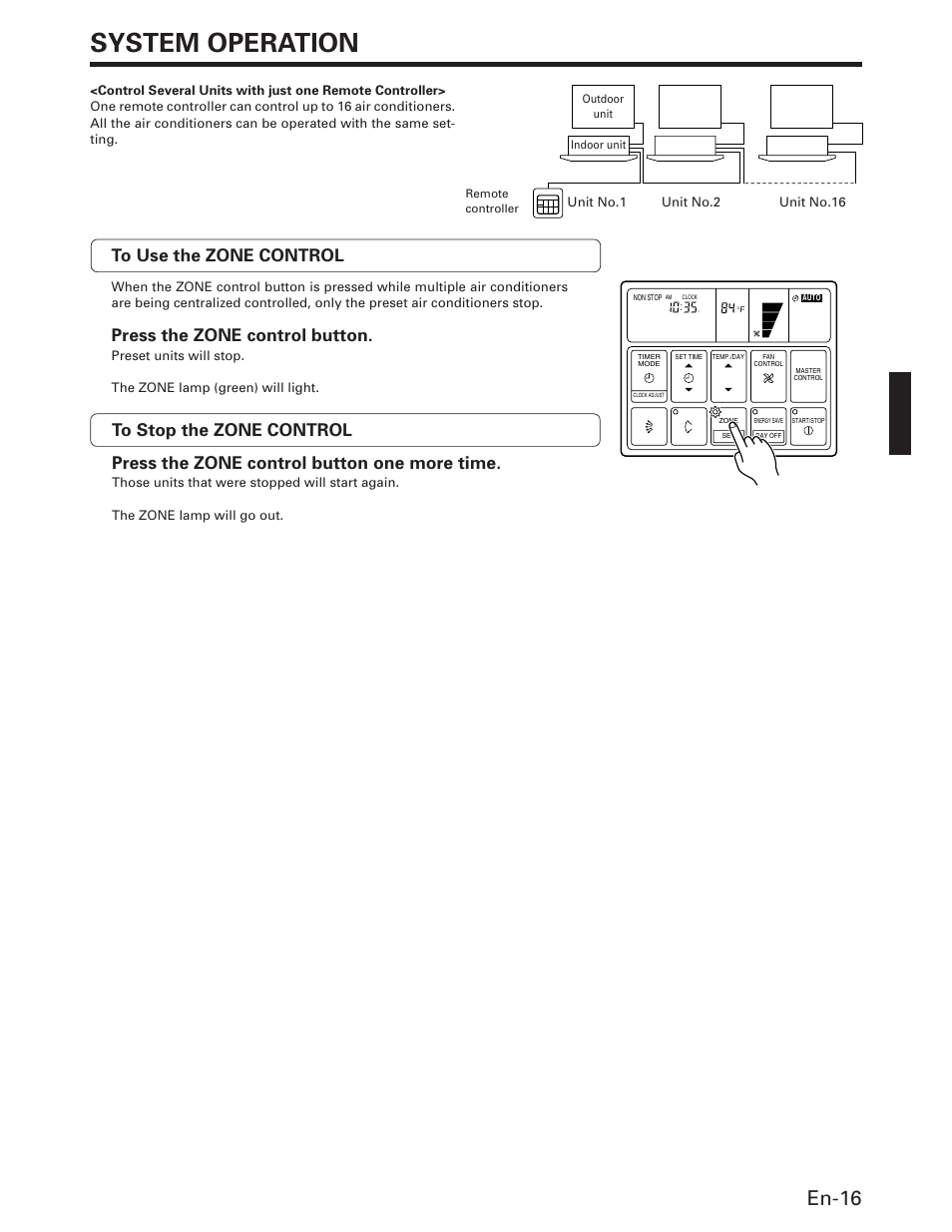 System operation, En-16, Press the zone control button | FUJITSU AOU36RC User Manual | Page 17 / 19