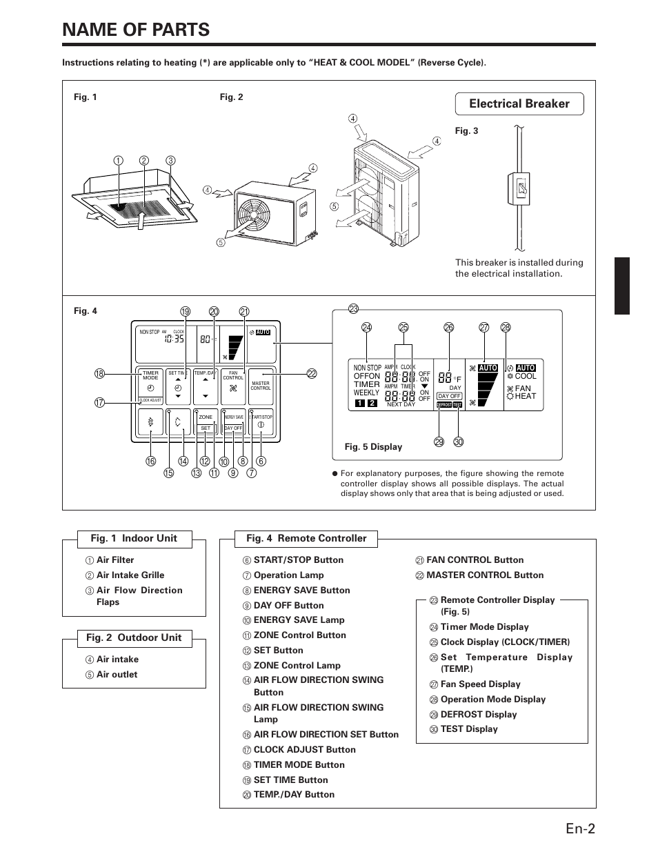 Name of parts, En-2, Electrical breaker | FUJITSU AOU36RC User Manual | Page 3 / 19