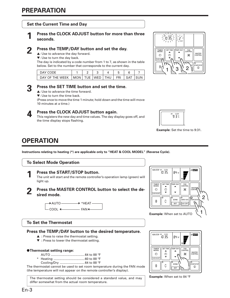 Preparation, Operation, En-3 | Set the current time and day, Press the temp./day button and set the day, Press the set time button and set the time, Press the clock adjust button again, Press the start/stop button | FUJITSU AOU36RC User Manual | Page 4 / 19