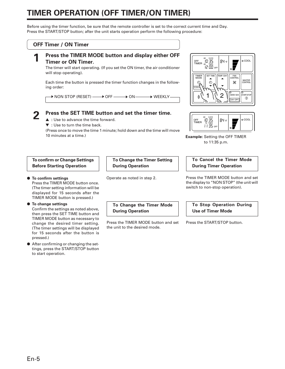 Timer operation (off timer/on timer), En-5, Off timer / on timer | Press the set time button and set the timer time | FUJITSU AOU36RC User Manual | Page 6 / 19