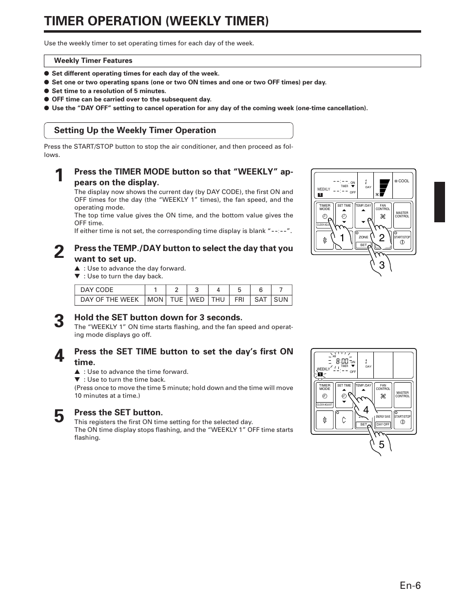 Timer operation (weekly timer), En-6, Setting up the weekly timer operation | Hold the set button down for 3 seconds, Press the set button | FUJITSU AOU36RC User Manual | Page 7 / 19