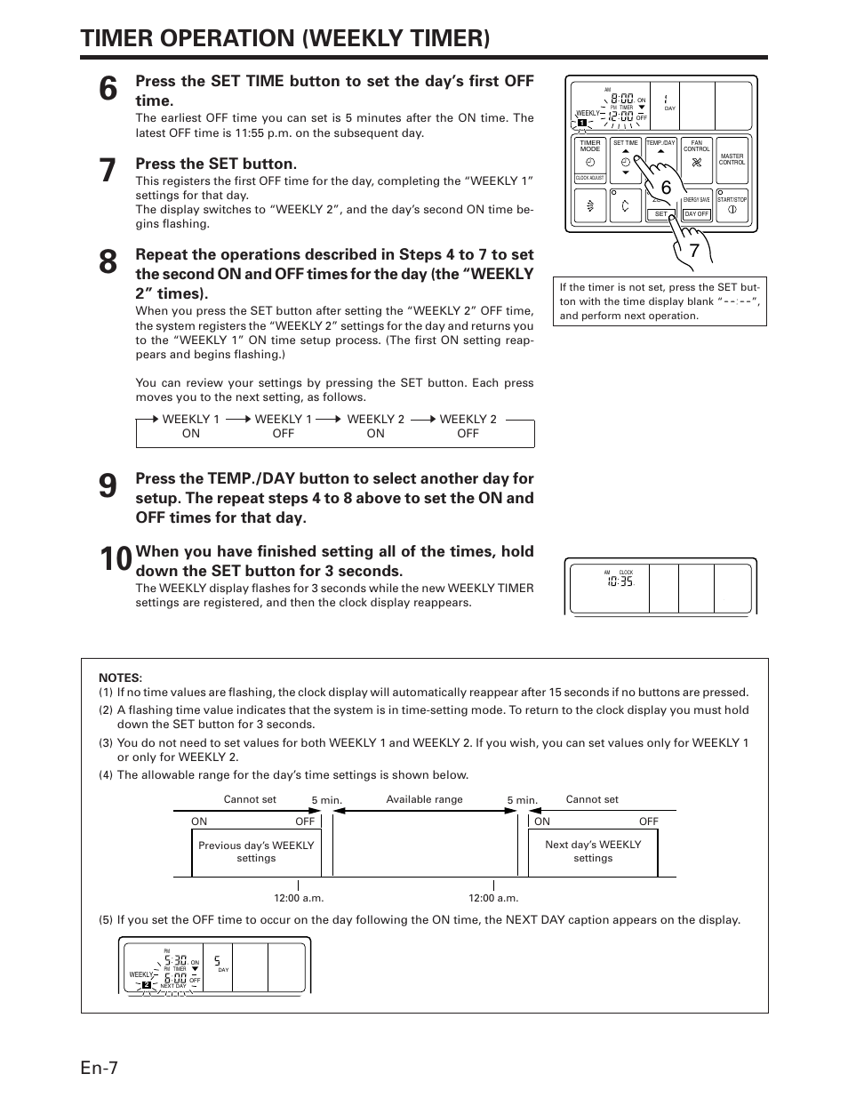 Timer operation (weekly timer), En-7, Press the set button | FUJITSU AOU36RC User Manual | Page 8 / 19