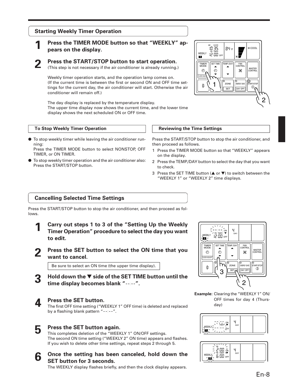 En-8, Starting weekly timer operation, Press the start/stop button to start operation | Cancelling selected time settings, Press the set button, Press the set button again | FUJITSU AOU36RC User Manual | Page 9 / 19