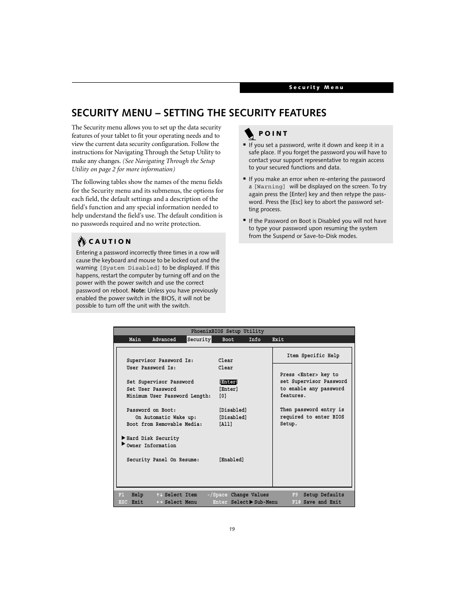 Security menu - setting the security features, Security menu – setting the security features | FUJITSU T3010 User Manual | Page 19 / 26