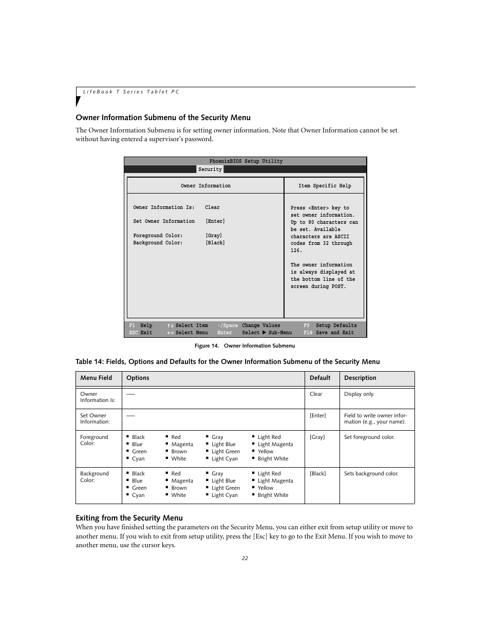 Owner information submenu of the security menu, Exiting from the security menu | FUJITSU T3010 User Manual | Page 22 / 26