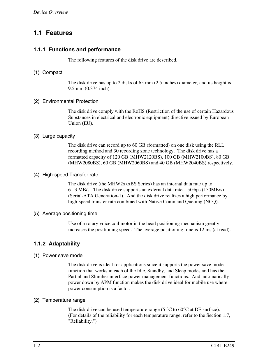 1 features, 1 functions and performance, 2 adaptability | FUJITSU MHW2120BS User Manual | Page 24 / 296