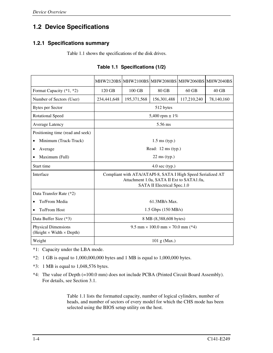 2 device specifications, 1 specifications summary | FUJITSU MHW2120BS User Manual | Page 26 / 296