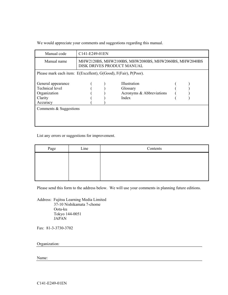 Comment form | FUJITSU MHW2120BS User Manual | Page 291 / 296