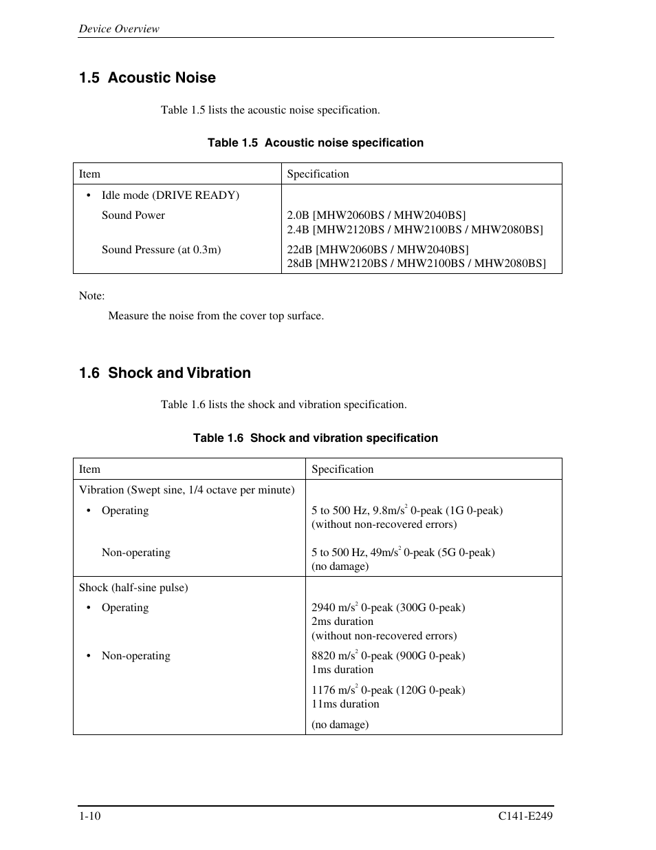 5 acoustic noise, 6 shock and vibration | FUJITSU MHW2120BS User Manual | Page 32 / 296