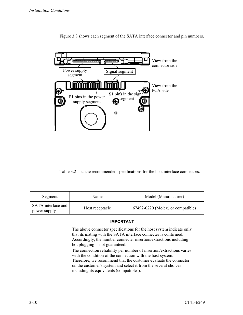 2 signal segment and power supply segment, 3 connector specifications for host system | FUJITSU MHW2120BS User Manual | Page 52 / 296