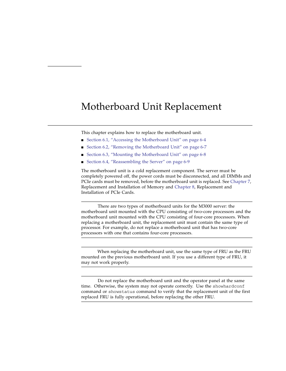 Motherboard unit replacement, Chapter 6 | FUJITSU SPARC ENTERPRISE M3000 User Manual | Page 109 / 212