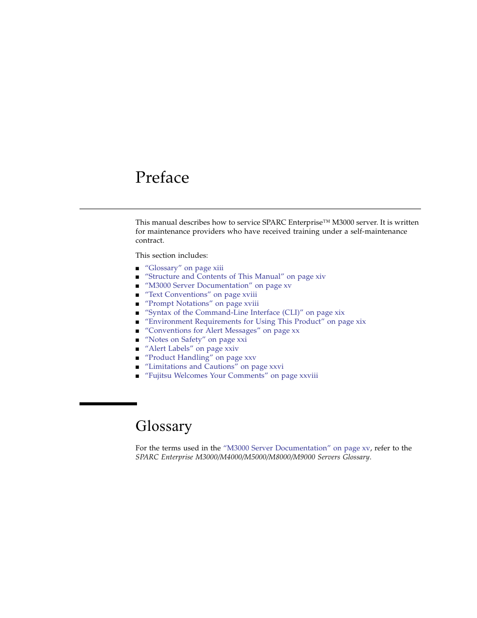 Preface, Xiii, Glossary | FUJITSU SPARC ENTERPRISE M3000 User Manual | Page 15 / 212