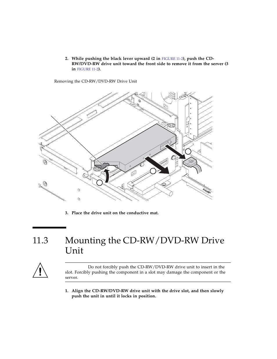 3 mounting the cd-rw/dvd-rw drive unit, Mounting the cd-rw/dvd-rw drive unit, Figure 11-2 | FUJITSU SPARC ENTERPRISE M3000 User Manual | Page 150 / 212