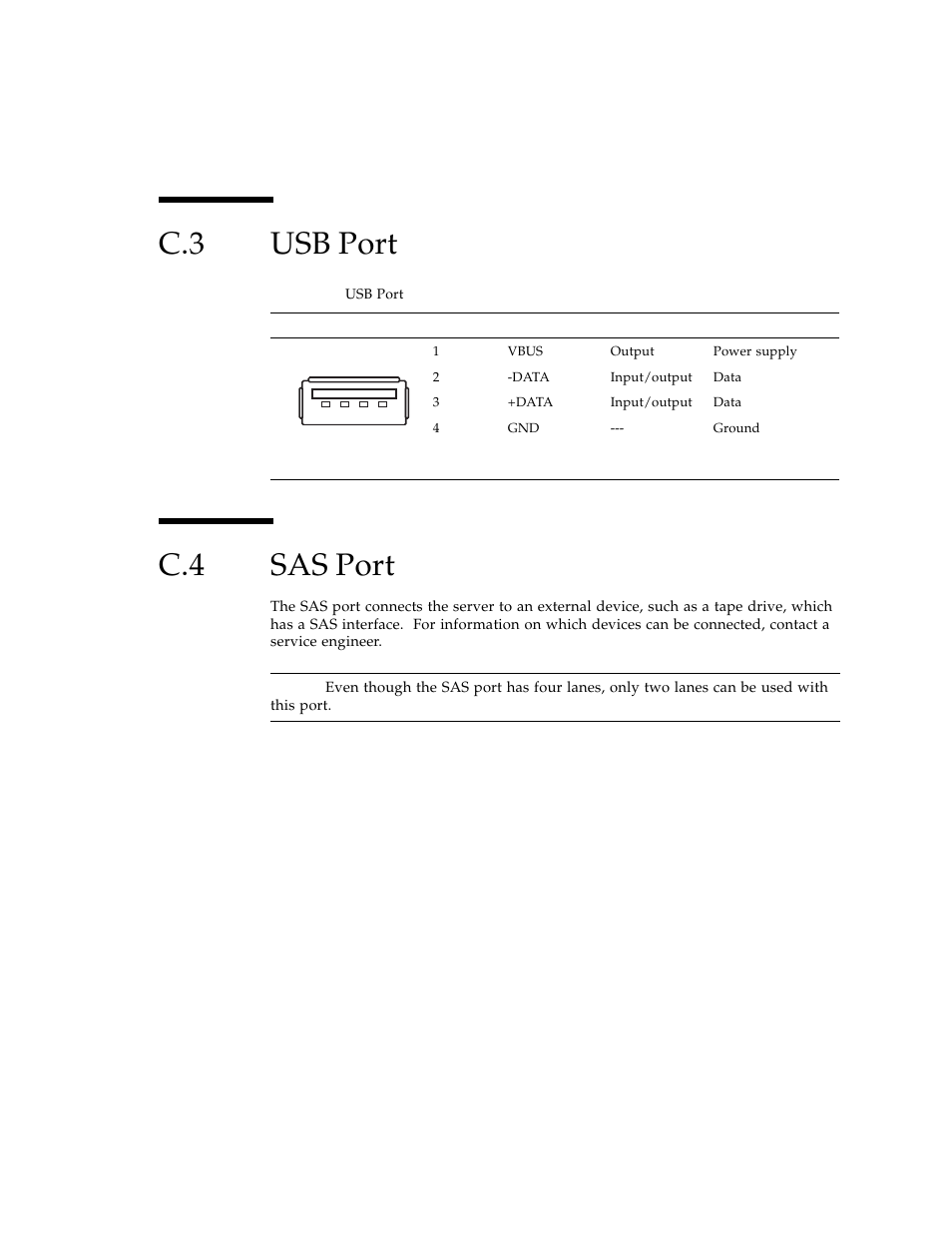 C.3 usb port, C.4 sas port, Usb port | Sas port, C.3 usb port c.4 sas port | FUJITSU SPARC ENTERPRISE M3000 User Manual | Page 193 / 212