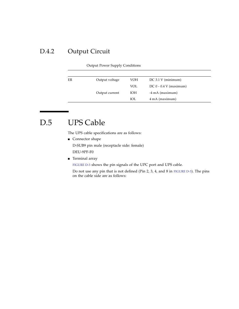 D.4.2 output circuit, D.5 ups cable, D.4.2 | Output circuit, Ups cable | FUJITSU SPARC ENTERPRISE M3000 User Manual | Page 199 / 212