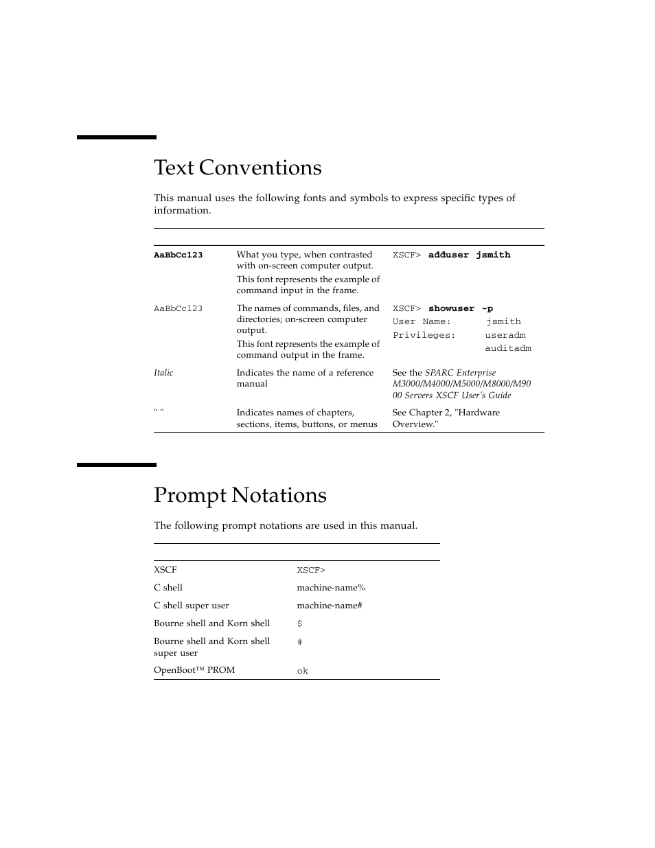 Text conventions, Prompt notations | FUJITSU SPARC ENTERPRISE M3000 User Manual | Page 20 / 212