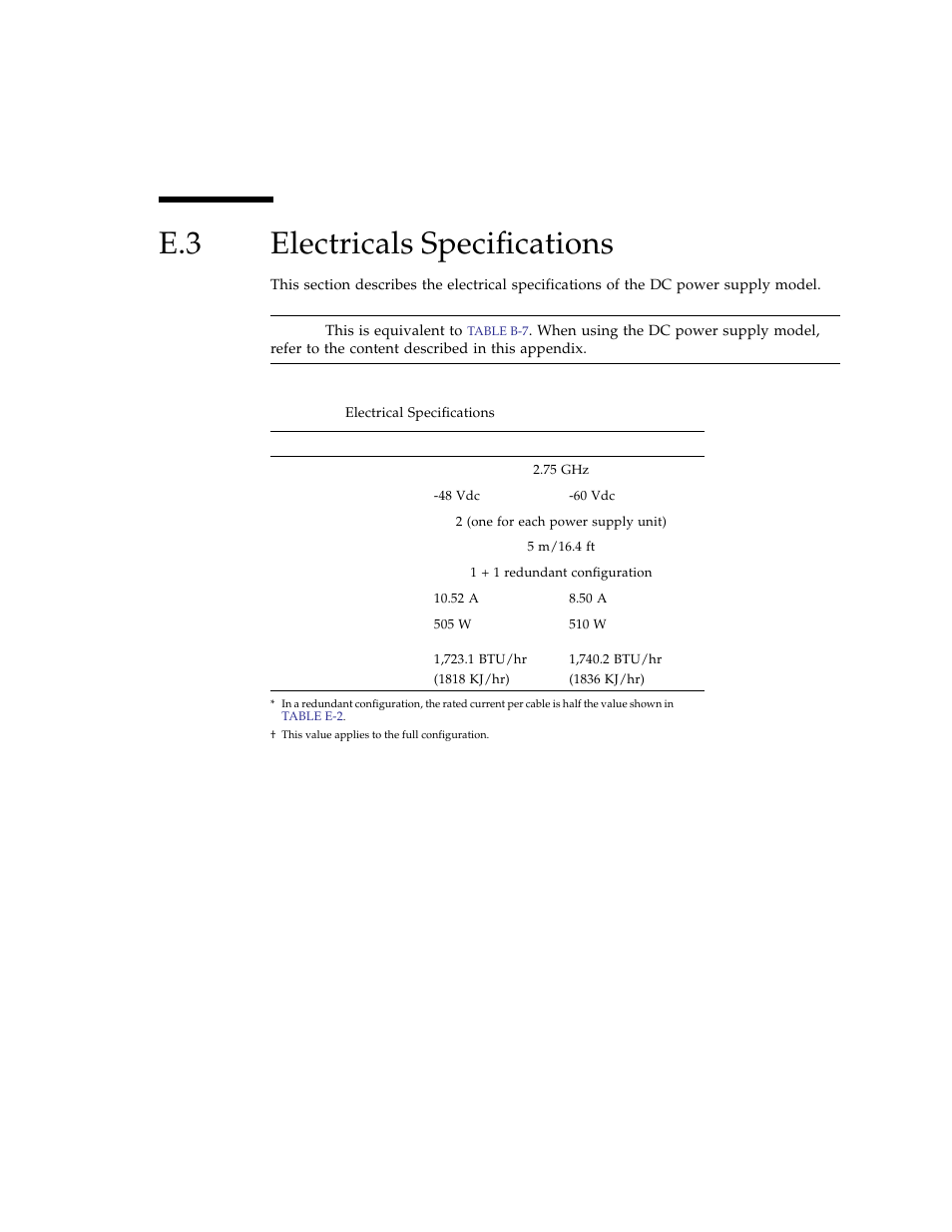E.3 electricals specifications, Electricals specifications | FUJITSU SPARC ENTERPRISE M3000 User Manual | Page 205 / 212