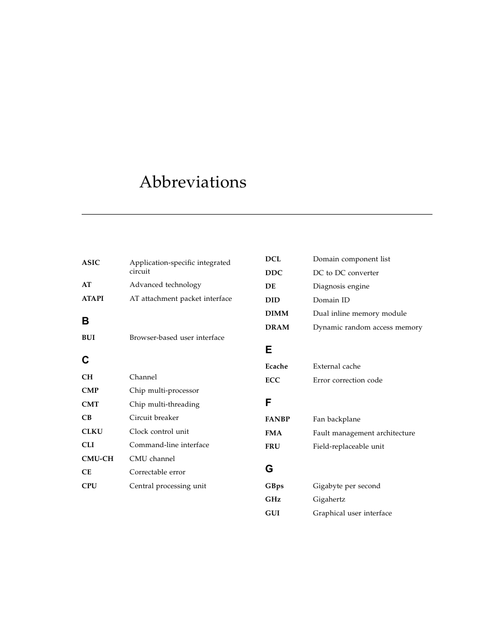 Abbreviations, Abbreviations–1 | FUJITSU SPARC ENTERPRISE M3000 User Manual | Page 207 / 212