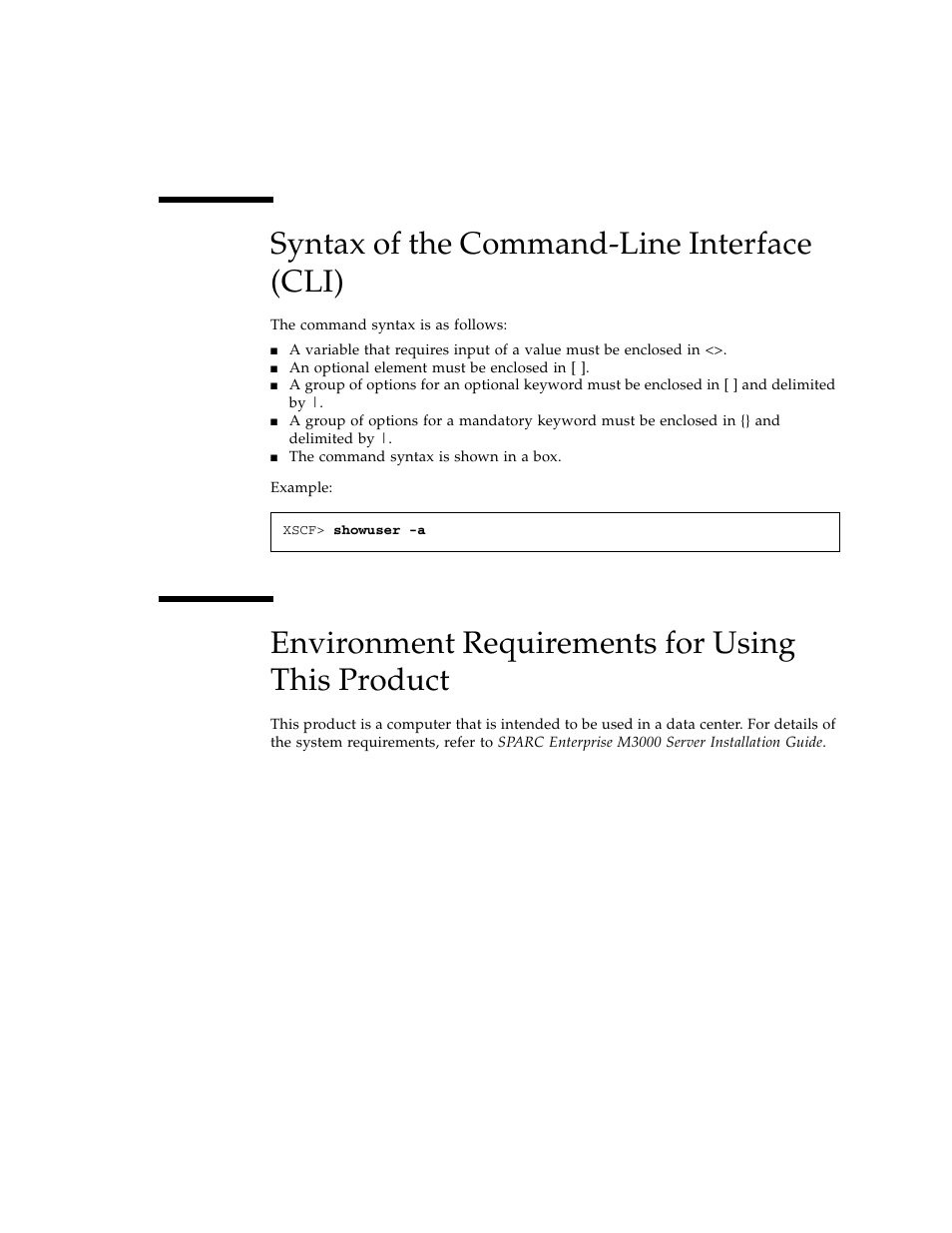 Syntax of the command-line interface (cli), Environment requirements for using this product | FUJITSU SPARC ENTERPRISE M3000 User Manual | Page 21 / 212