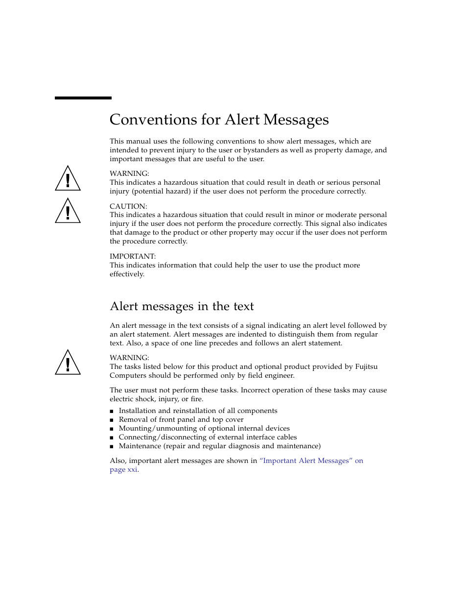 Conventions for alert messages, Alert messages in the text | FUJITSU SPARC ENTERPRISE M3000 User Manual | Page 22 / 212