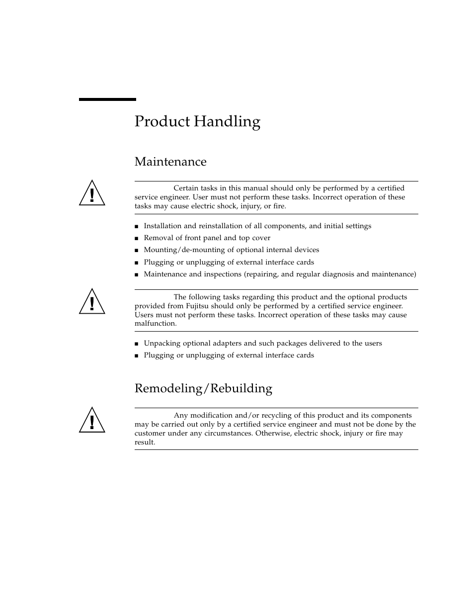 Product handling, Maintenance, Remodeling/rebuilding | FUJITSU SPARC ENTERPRISE M3000 User Manual | Page 27 / 212