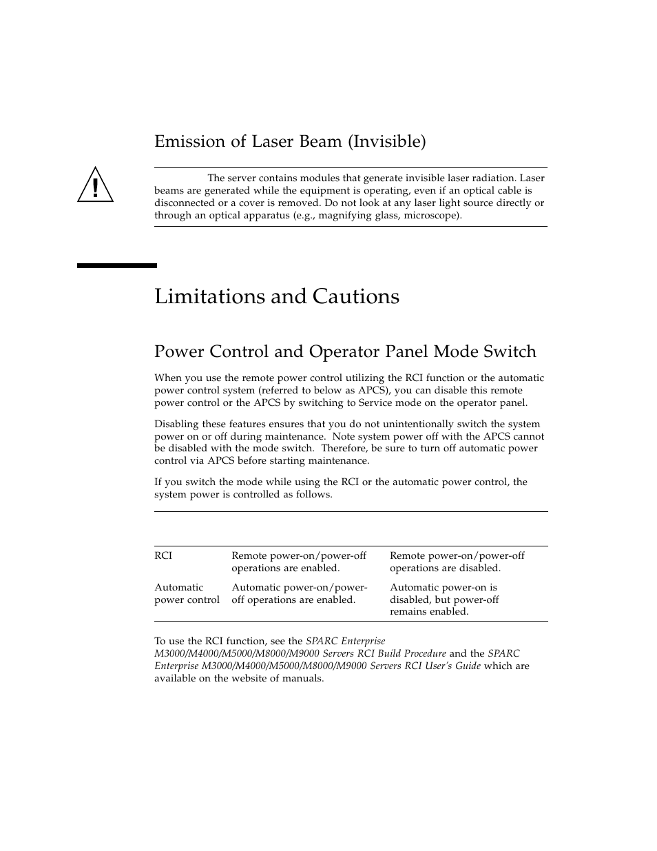 Limitations and cautions, Emission of laser beam (invisible), Power control and operator panel mode switch | FUJITSU SPARC ENTERPRISE M3000 User Manual | Page 28 / 212