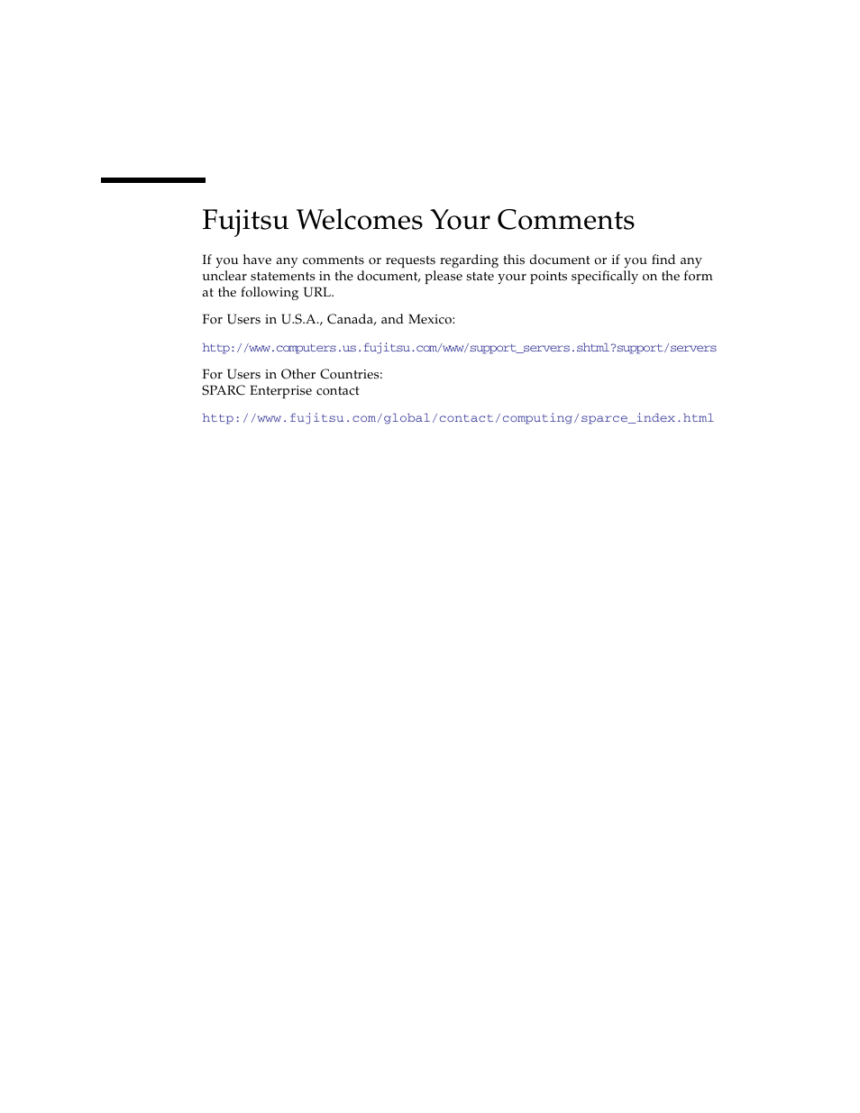 Fujitsu welcomes your comments | FUJITSU SPARC ENTERPRISE M3000 User Manual | Page 30 / 212