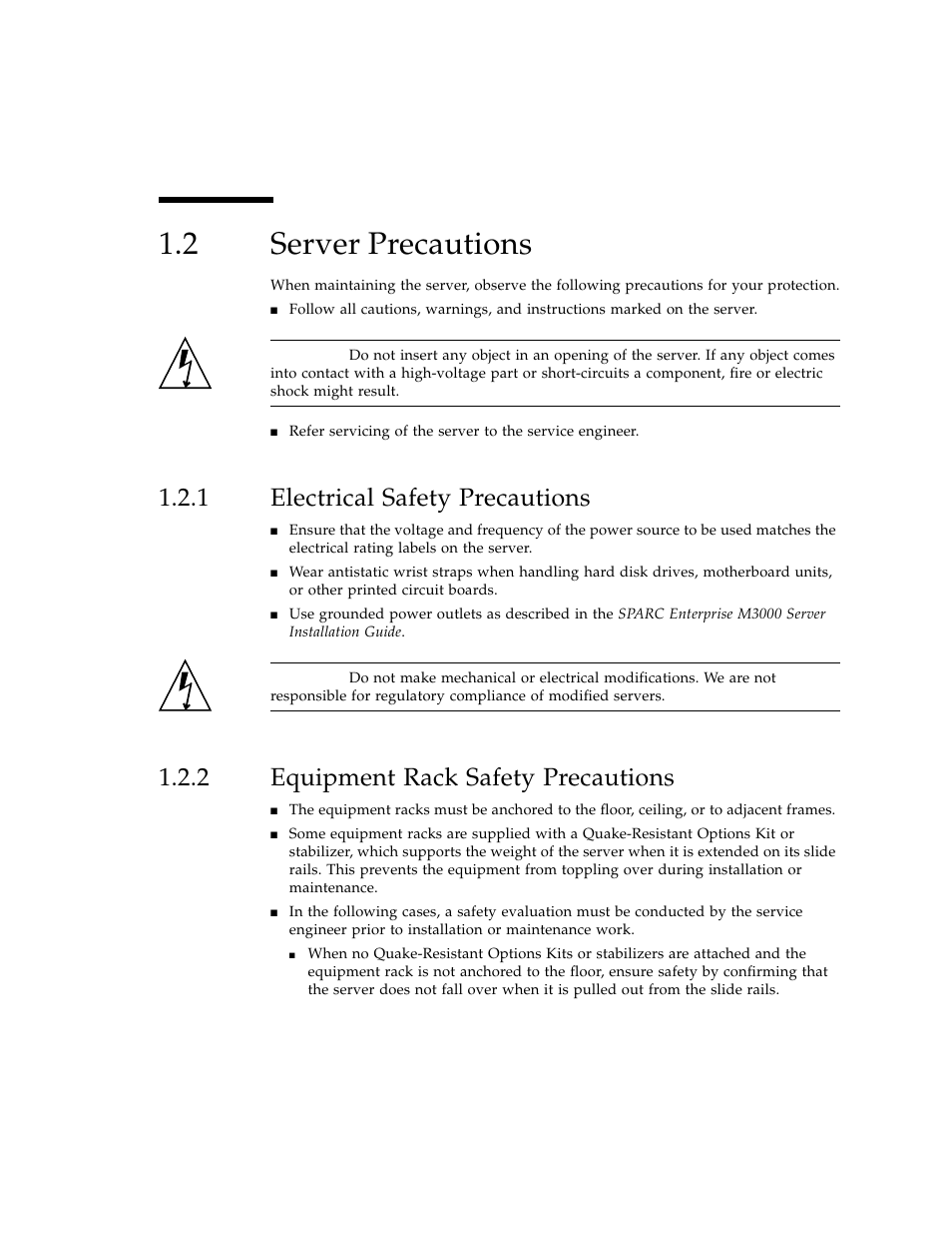 2 server precautions, 1 electrical safety precautions, 2 equipment rack safety precautions | Server precautions, Electrical safety precautions, Equipment rack safety precautions | FUJITSU SPARC ENTERPRISE M3000 User Manual | Page 33 / 212