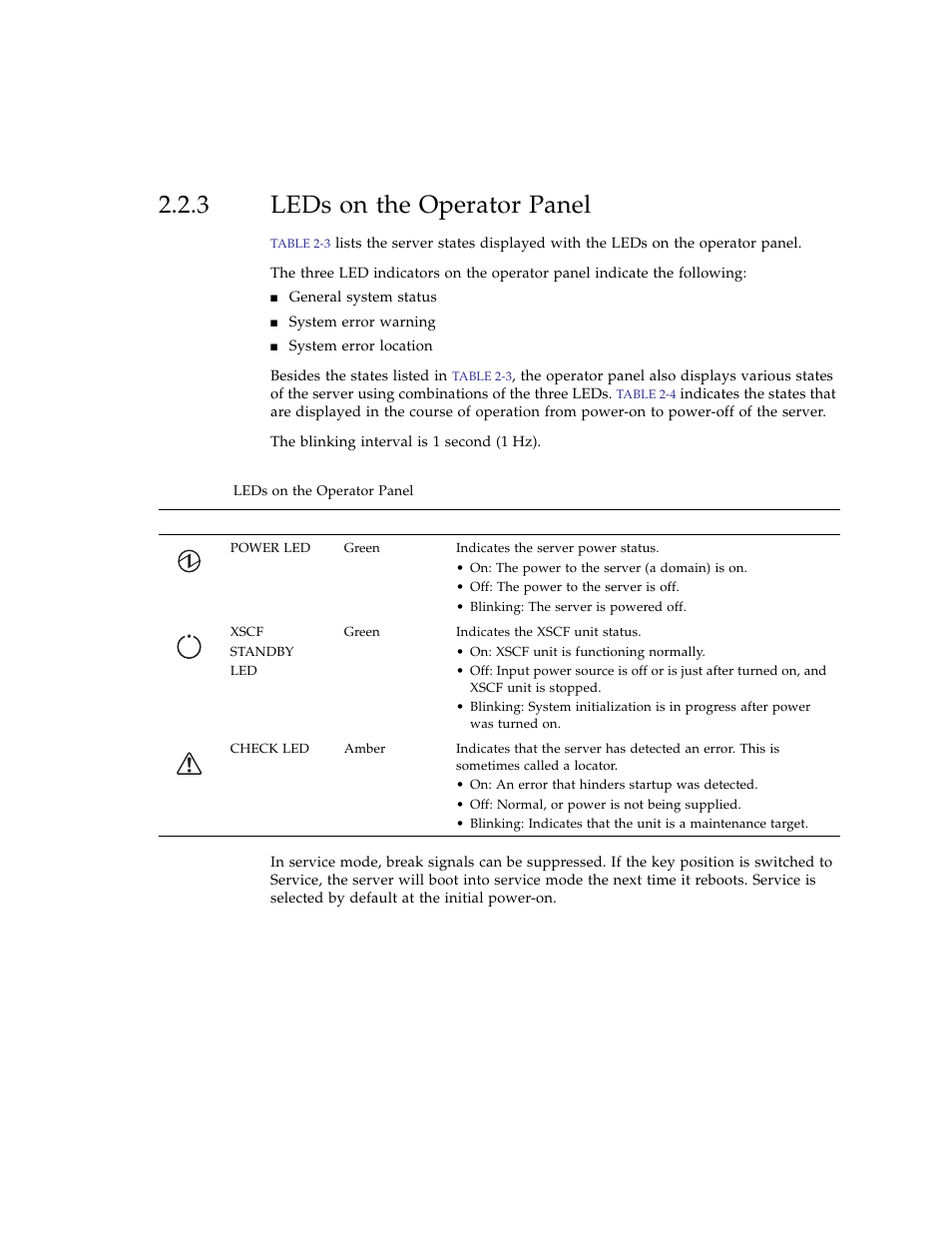 3 leds on the operator panel, Leds on the operator panel | FUJITSU SPARC ENTERPRISE M3000 User Manual | Page 43 / 212