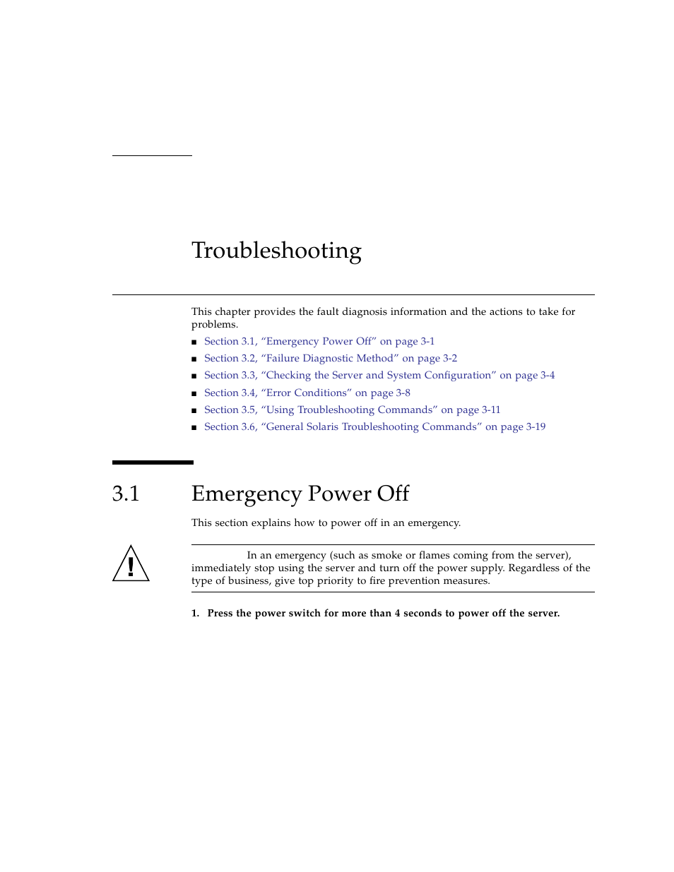 Troubleshooting, 1 emergency power off, Emergency power off | FUJITSU SPARC ENTERPRISE M3000 User Manual | Page 53 / 212
