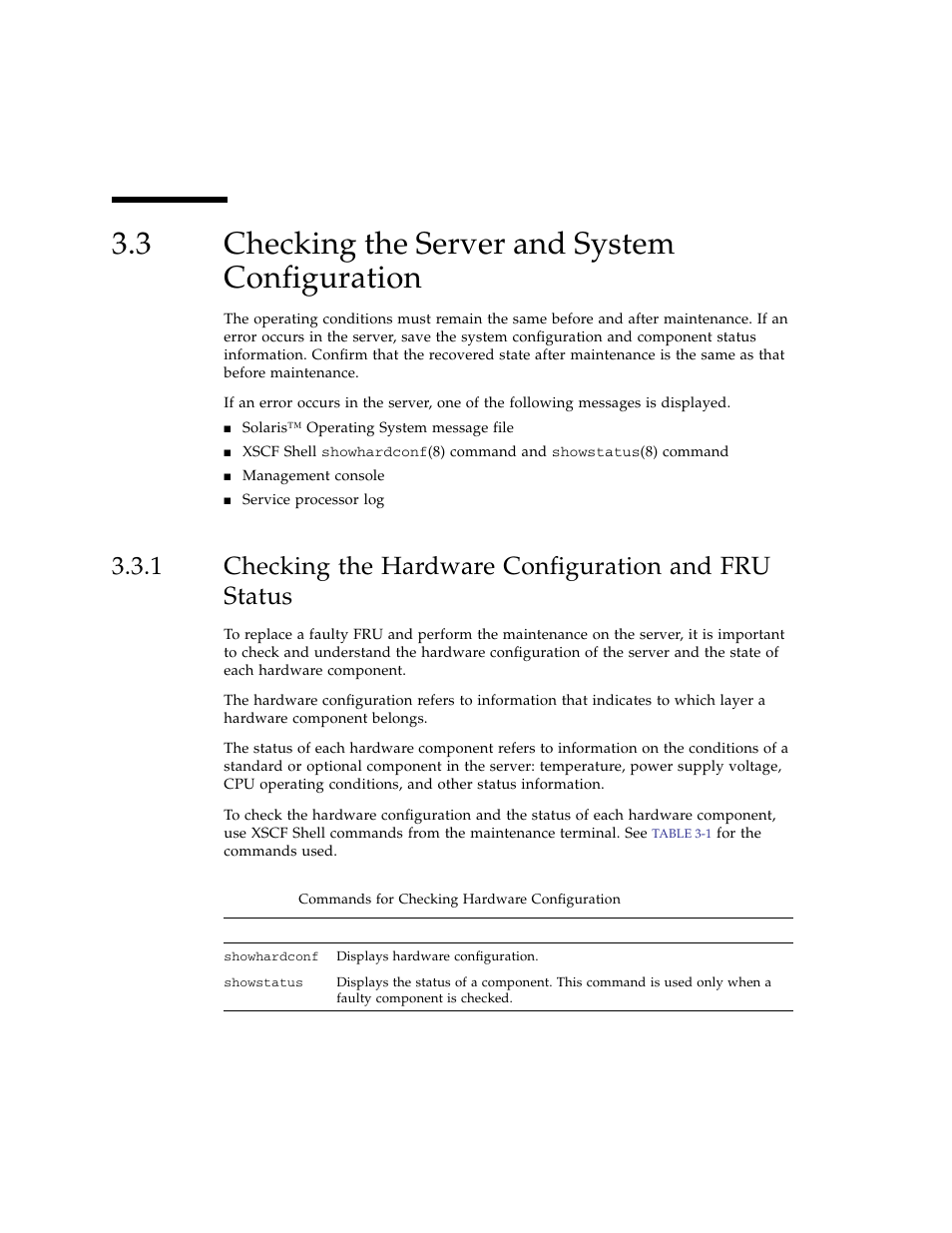 3 checking the server and system configuration, Checking the server and system configuration, Checking the hardware configuration and fru status | FUJITSU SPARC ENTERPRISE M3000 User Manual | Page 56 / 212