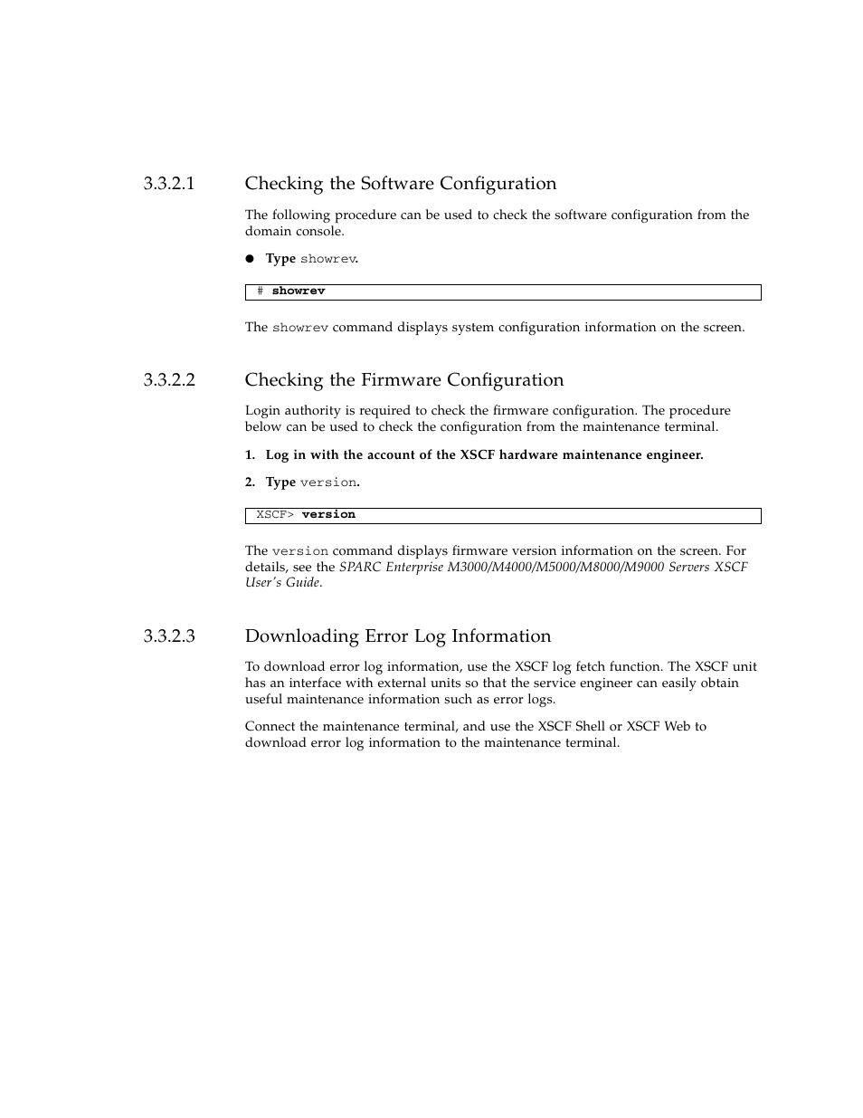 1 checking the software configuration, 2 checking the firmware configuration, 3 downloading error log information | Checking the software configuration, Checking the firmware configuration, Downloading error log information | FUJITSU SPARC ENTERPRISE M3000 User Manual | Page 59 / 212