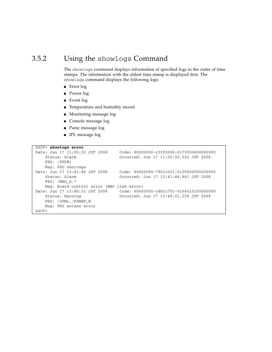 2 using the showlogs command, Using the | FUJITSU SPARC ENTERPRISE M3000 User Manual | Page 66 / 212