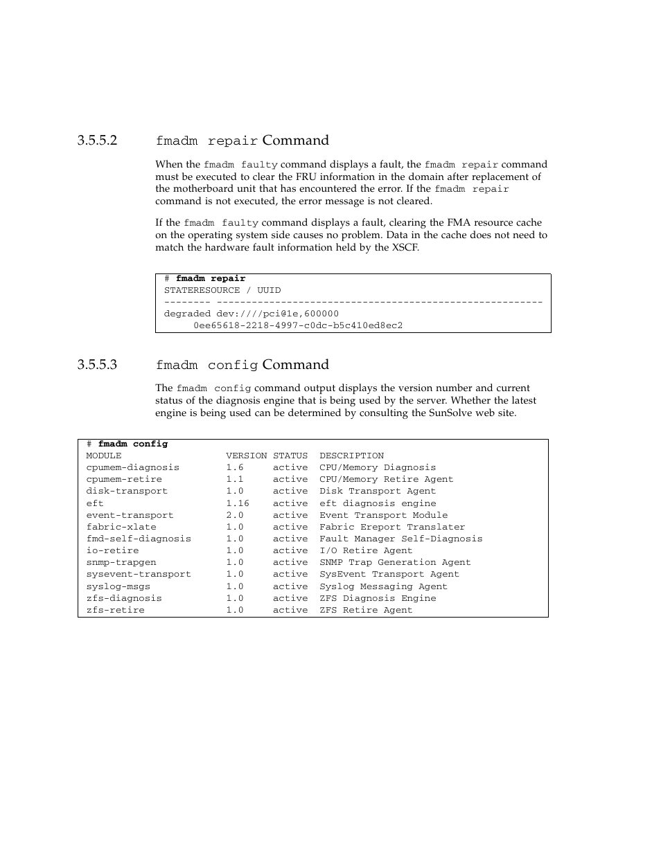 2 fmadm repair command, 3 fmadm config command | FUJITSU SPARC ENTERPRISE M3000 User Manual | Page 70 / 212