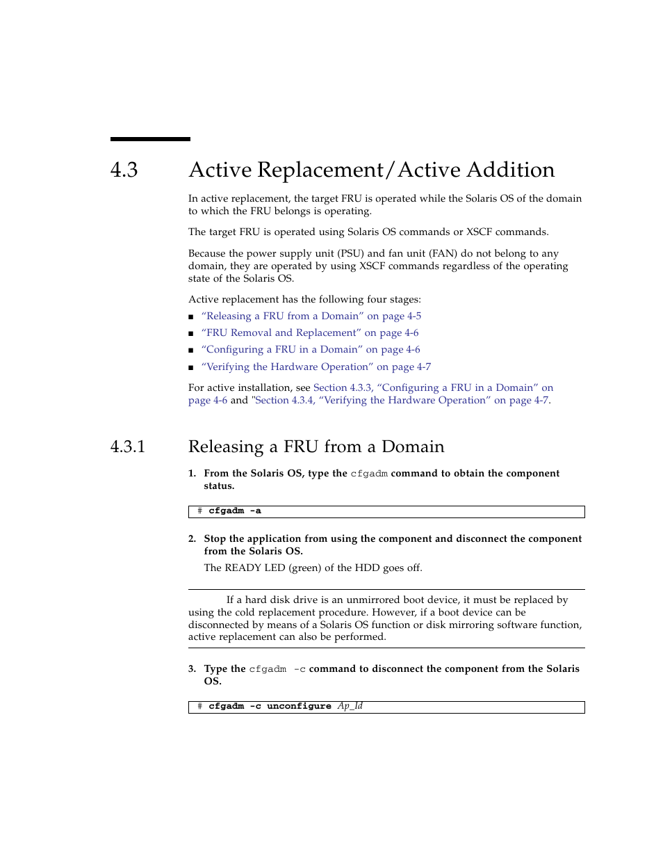 3 active replacement/active addition, 1 releasing a fru from a domain, Active replacement/active addition | Releasing a fru from a domain | FUJITSU SPARC ENTERPRISE M3000 User Manual | Page 87 / 212