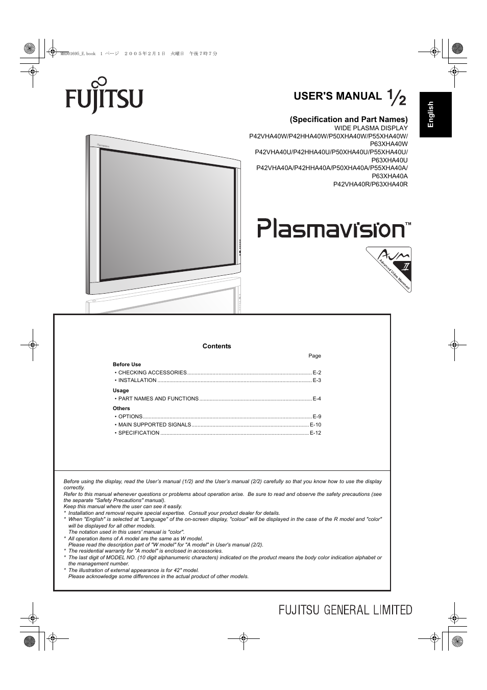 FUJITSU PLASMAVISION P50XHA40U User Manual | 50 pages