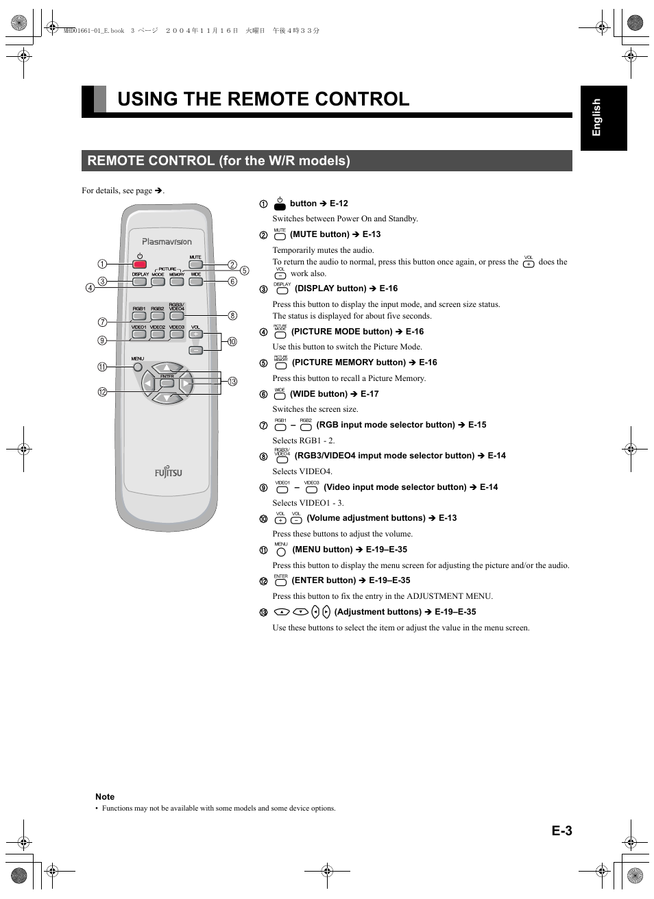 Using the remote control, Remote control (for the w/r models), Cdef | FUJITSU PLASMAVISION P50XHA40U User Manual | Page 17 / 50
