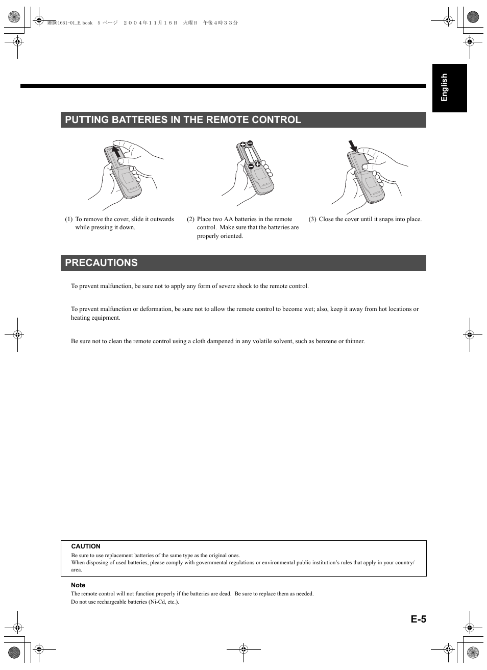 Putting batteries in the remote control, Precautions | FUJITSU PLASMAVISION P50XHA40U User Manual | Page 19 / 50