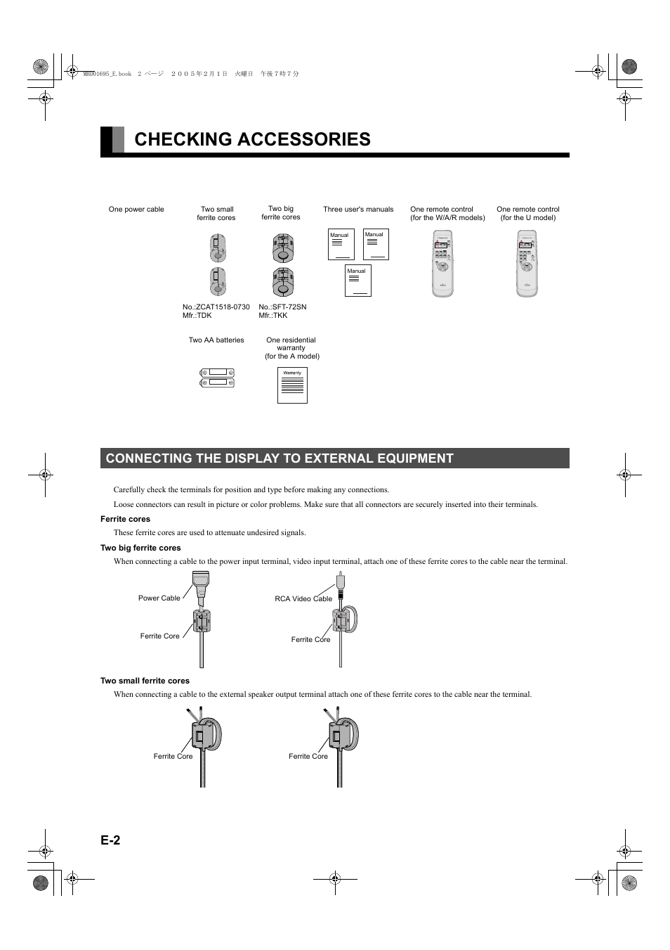 Checking accessories, Connecting the display to external equipment | FUJITSU PLASMAVISION P50XHA40U User Manual | Page 2 / 50