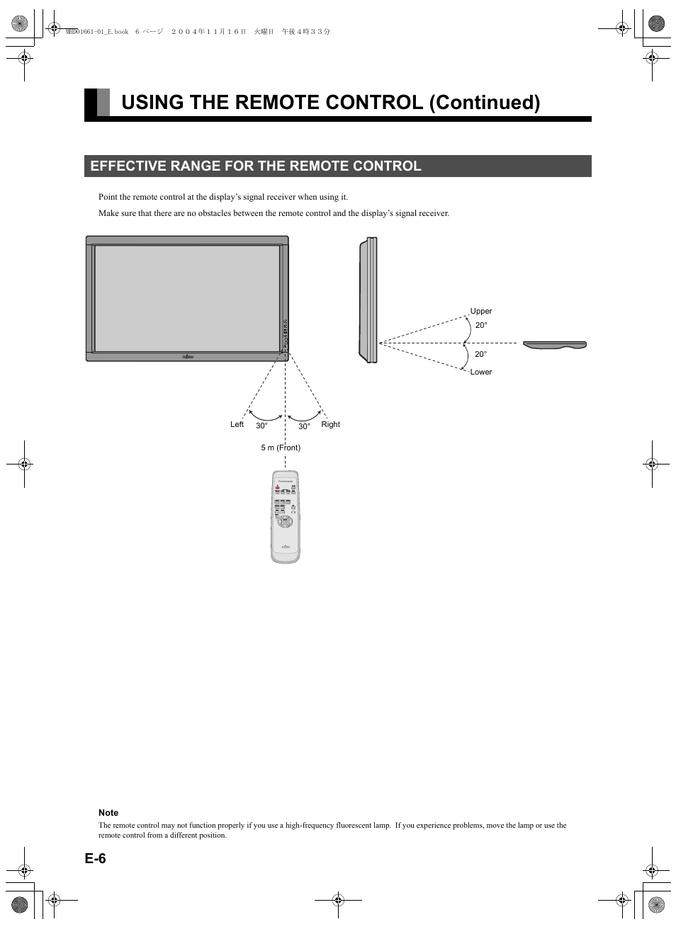 Effective range for the remote control, Using the remote control (continued) | FUJITSU PLASMAVISION P50XHA40U User Manual | Page 20 / 50