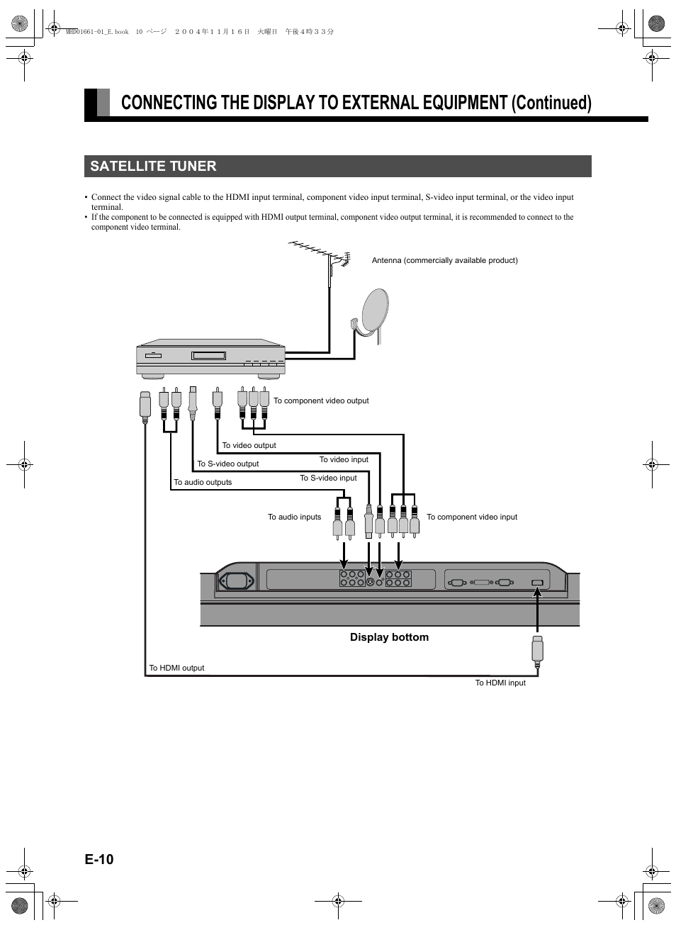 Satellite tuner, Satellite tuner î e-10, E-10 | FUJITSU PLASMAVISION P50XHA40U User Manual | Page 24 / 50