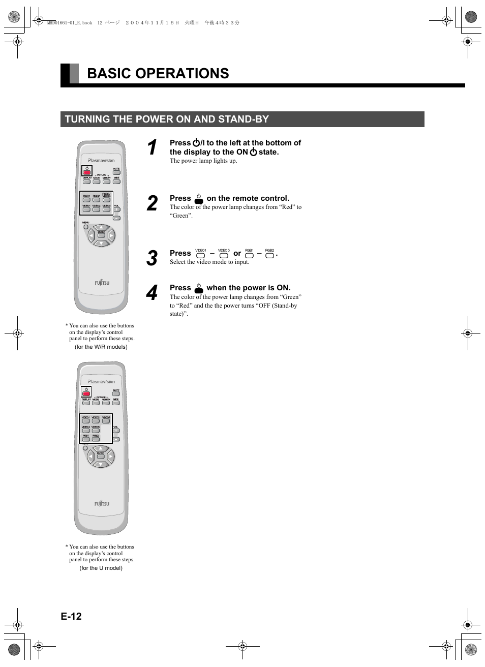 Basic operations, Turning the power on and stand-by, E-12 | FUJITSU PLASMAVISION P50XHA40U User Manual | Page 26 / 50