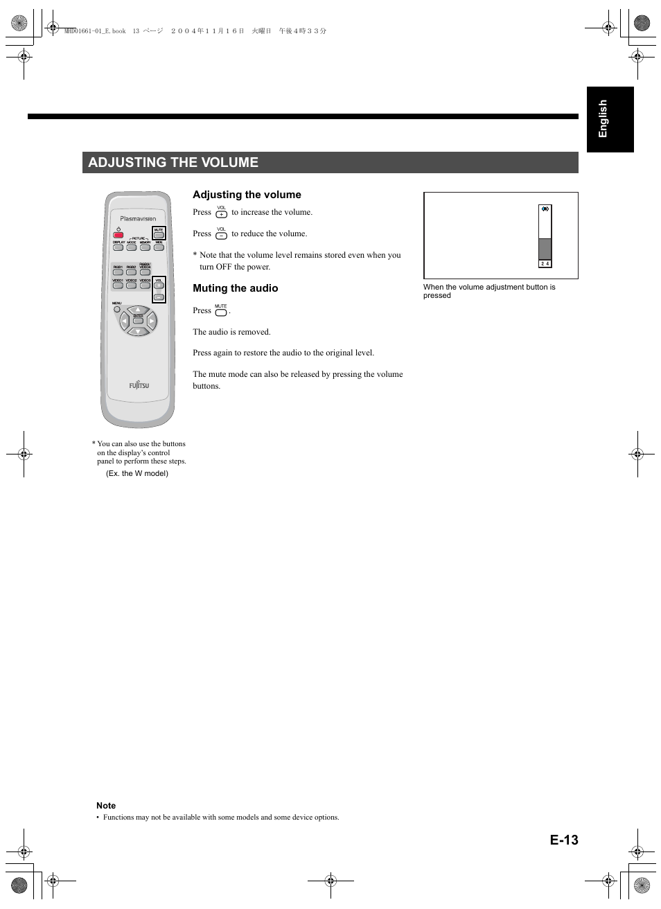 Adjusting the volume, E-13 | FUJITSU PLASMAVISION P50XHA40U User Manual | Page 27 / 50