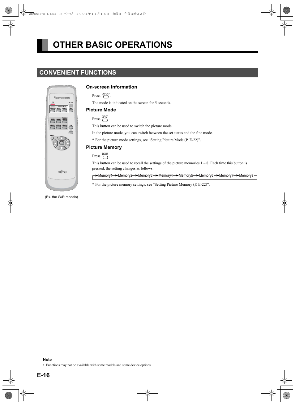 Other basic operations, Convenient functions, E-16 | Picture mode button) | FUJITSU PLASMAVISION P50XHA40U User Manual | Page 30 / 50