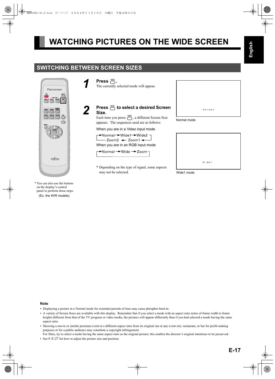 Watching pictures on the wide screen, Switching between screen sizes, Watching pictures on the wide screen....e-17 | E-17 | FUJITSU PLASMAVISION P50XHA40U User Manual | Page 31 / 50