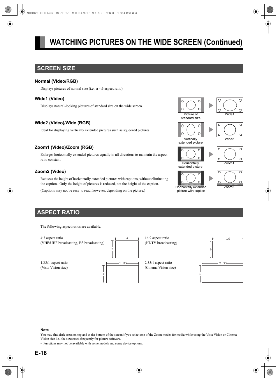 Screen size, Aspect ratio, Watching pictures on the wide screen (continued) | E-18, Screen size aspect ratio | FUJITSU PLASMAVISION P50XHA40U User Manual | Page 32 / 50