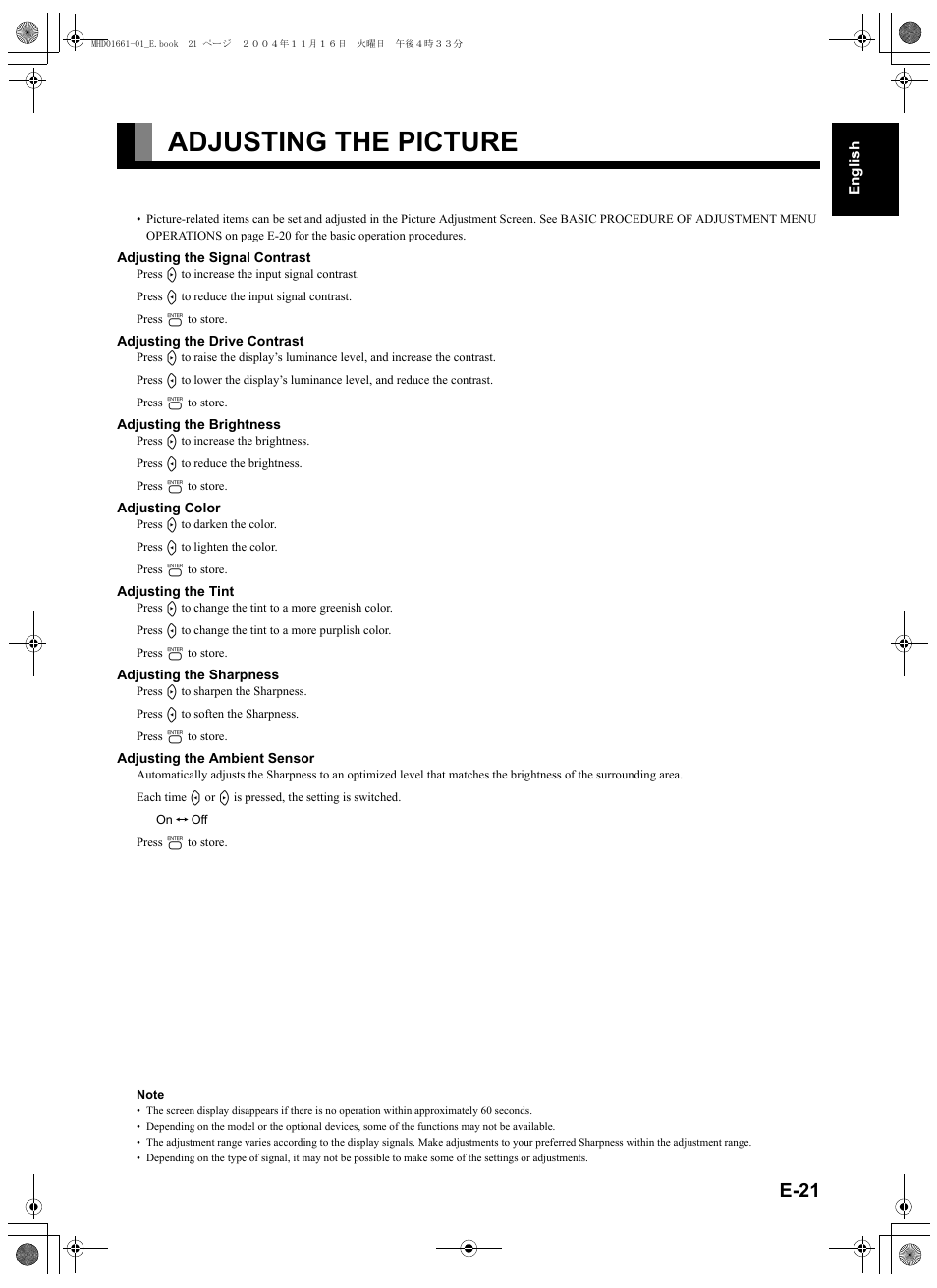 Adjusting the picture, E-21), E-21 | FUJITSU PLASMAVISION P50XHA40U User Manual | Page 35 / 50