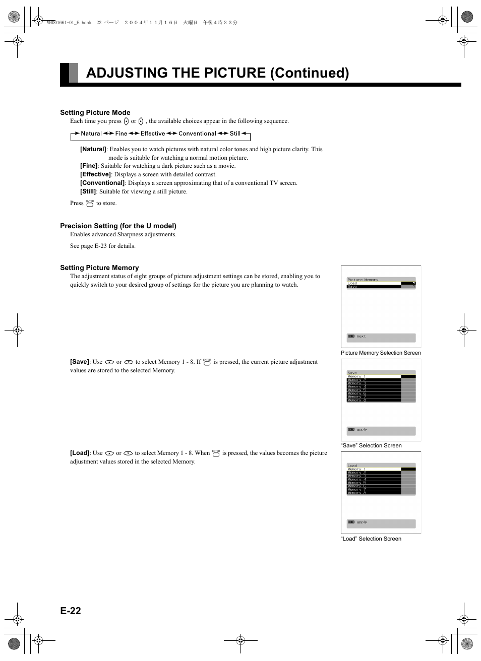 E-22), Adjusting the picture (continued), E-22 | FUJITSU PLASMAVISION P50XHA40U User Manual | Page 36 / 50