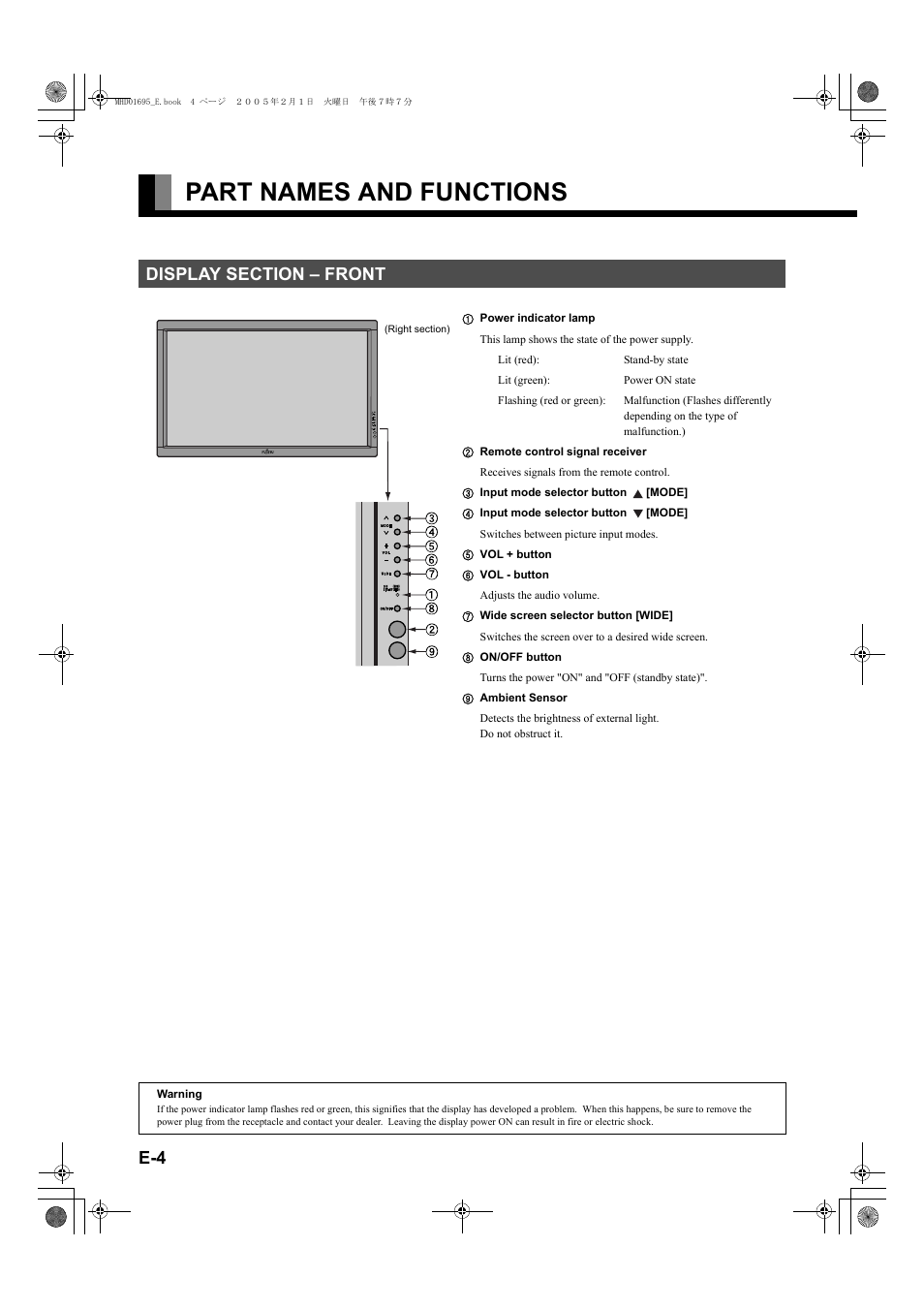 Part names and functions, Display section - front | FUJITSU PLASMAVISION P50XHA40U User Manual | Page 4 / 50